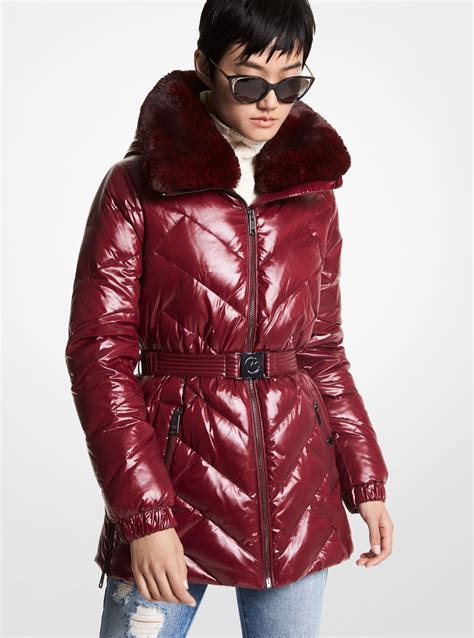 michael michael kors faux fur trim puffer coat flannel|Michael Kors quilted fur coat.